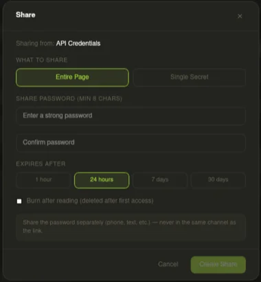 Claspt secure sharing dialog with expiry and burn-after-reading