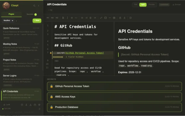 Claspt app showing markdown editor with encrypted secret blocks