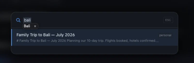 Claspt quick search showing instant results for Bali trip