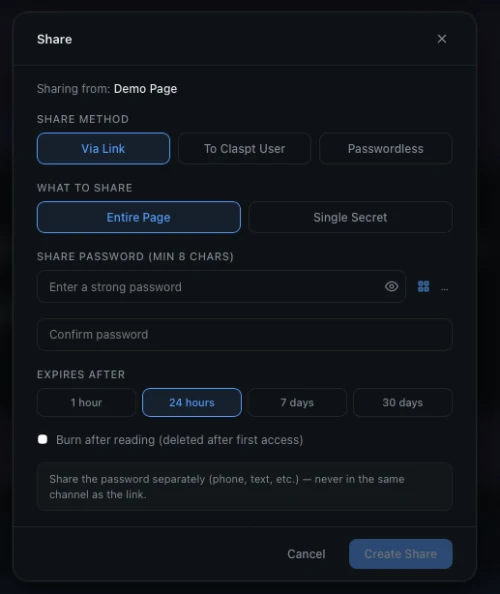 Claspt sharing dialog with link, password, expiry, and burn-after-reading options